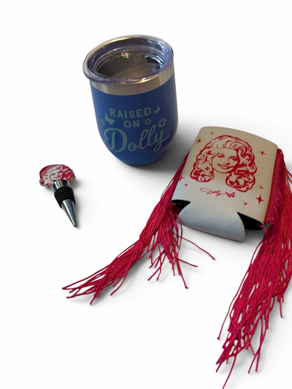 Dolly Parton Stemless Wine Cup with Lid, Fringed Koozie, & Winestopper